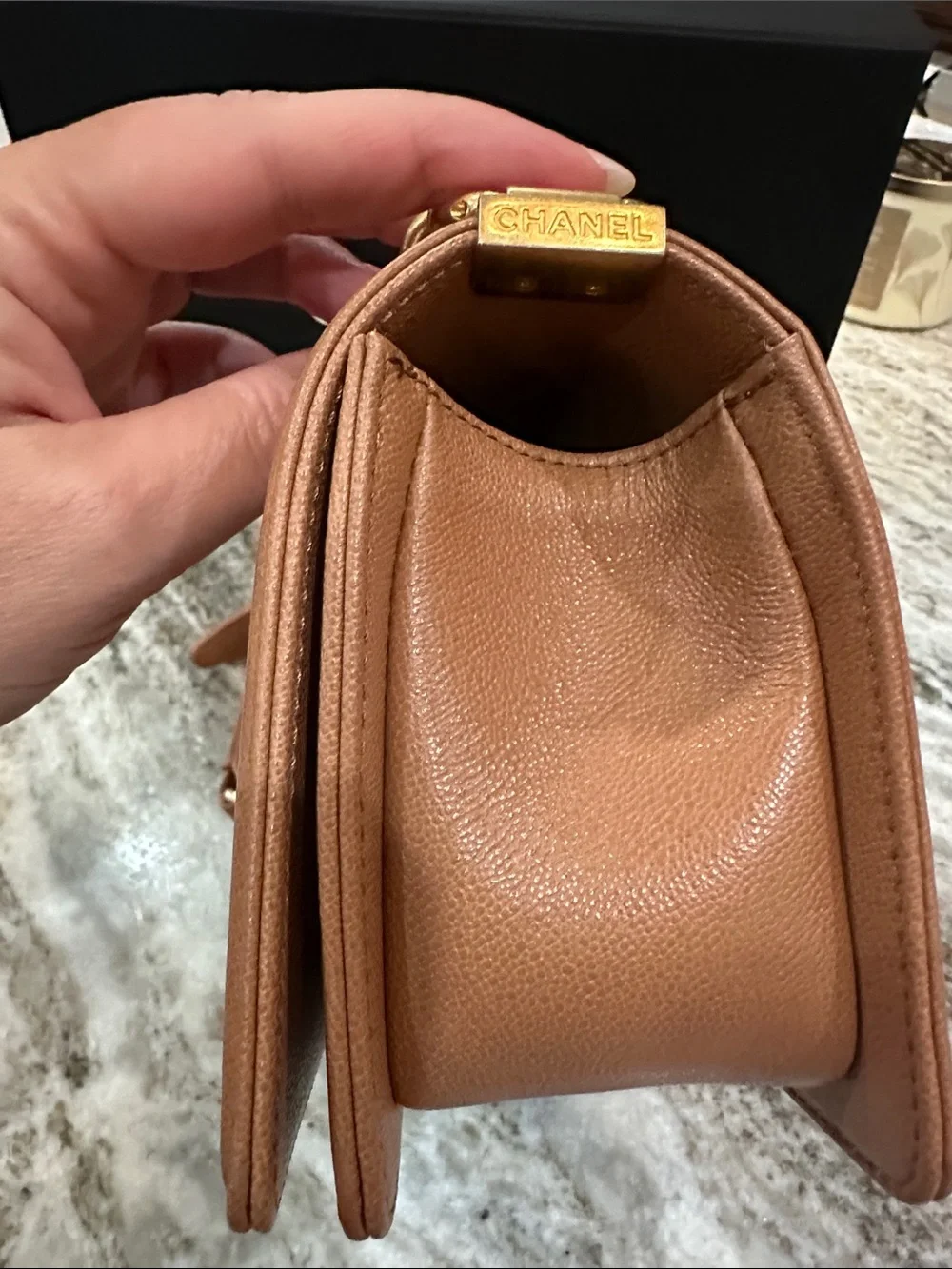 CHANEL Chevron Quilted Boy Flap Bag with Gold Hardware small Tan